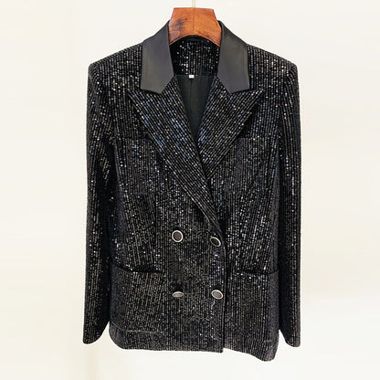 Fashionable Velvet Sequin Double-Breasted Blazer And Flared Pants Set