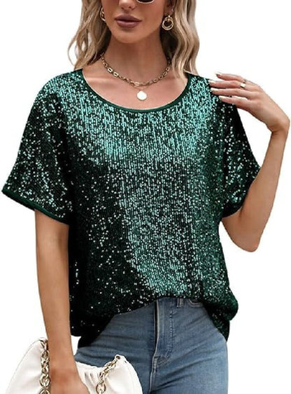 Sequin Deep V-Neck Short Sleeve Top