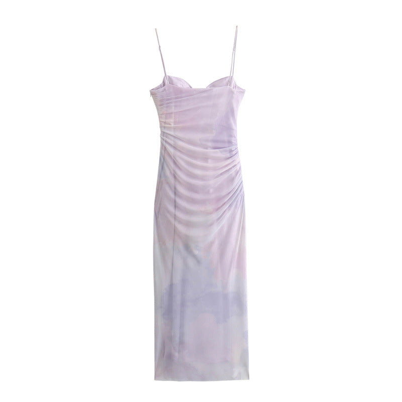 Elegant Mesh Ruched Spaghetti Strap Maxi Dress