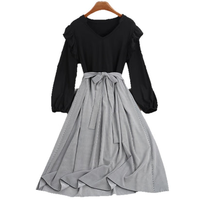 Striped A-Line Dress with Long Sleeves and Tie Waist