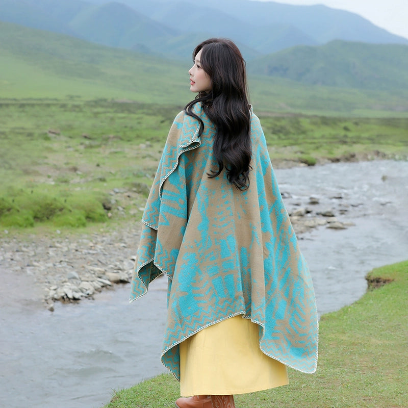 Tibetan Great Retro Totem Red Warm Outer Shawl Women'S Scarf Autumn And Winter Cloak Big Cloak