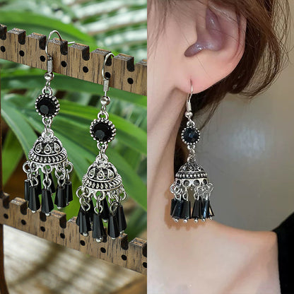 Black Crystal Tassel Lantern Earrings Vintage Inspired Fashion Jewelry