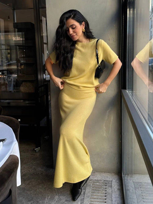 Casual Short Sleeve Knit Skirt Set