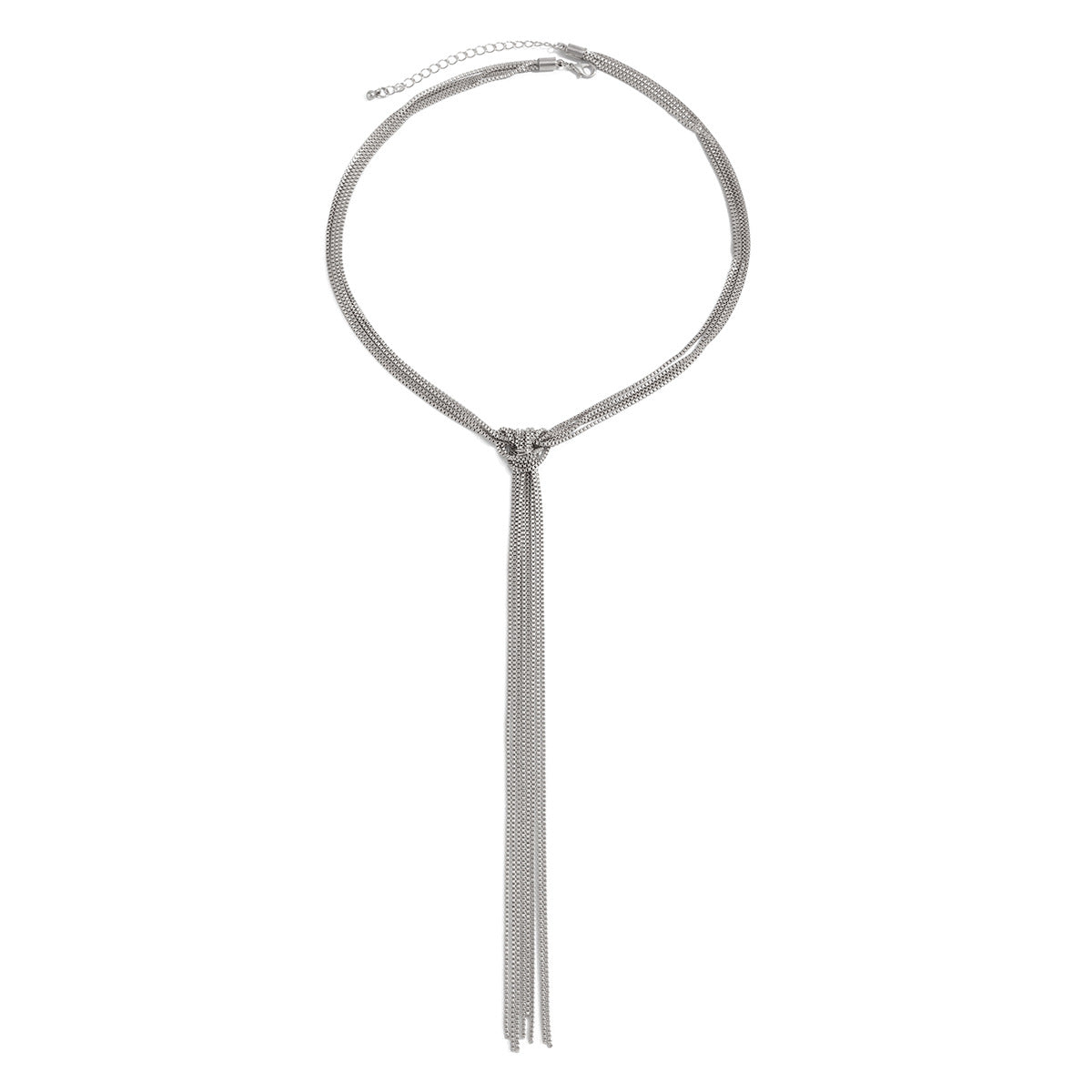 Fashionable Long Metal Chain Tassel Necklace With Geometric Design