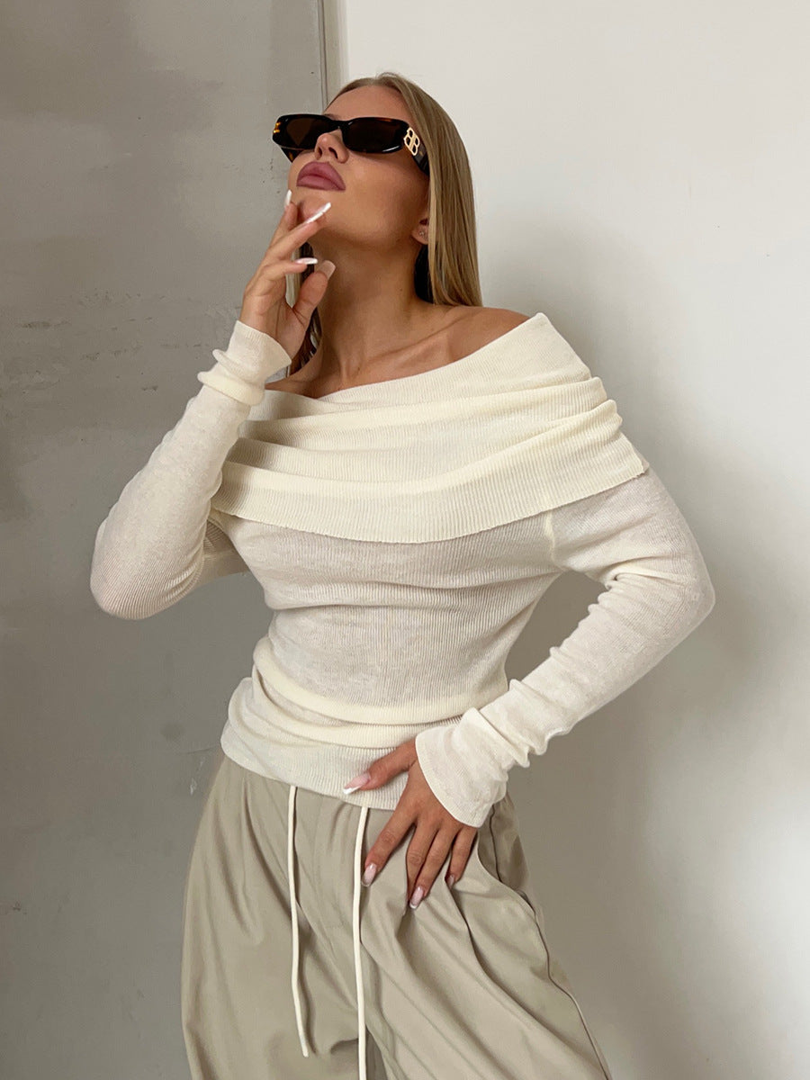 Off-Shoulder Knit Top Solid Color Slim Fit Long Sleeve Sweater
