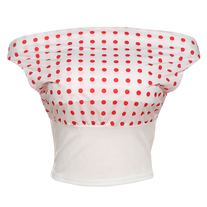 Retro Polka Dot Crop Top Sexy One-Shoulder Blouse