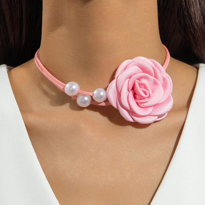 Elegant Rose Camellia Fringe Necklace With Pearl Pendant For Couples