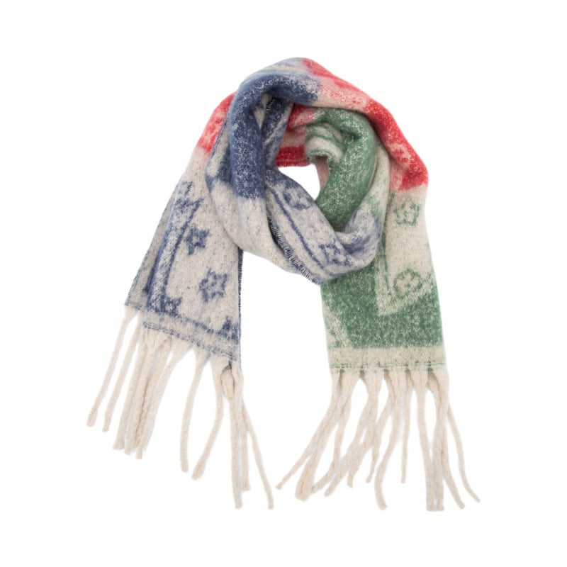 Winter Flower Tassel Thick Warm Scarf