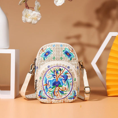 Embroidered Double-Layer 7-Inch Large-Screen Mobile Phone Bag Crossbody Bag Female Canvas Small Bag