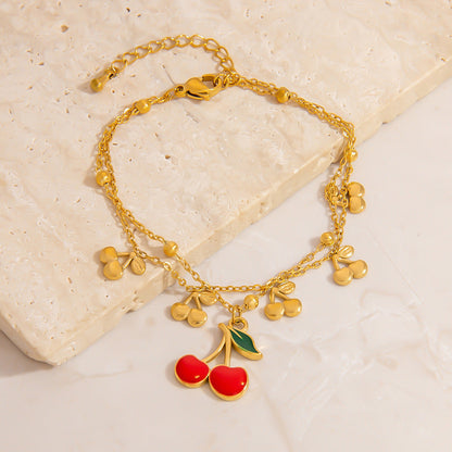 Stainless Steel Pearl Bracelet With Cherry And Bee Pendant