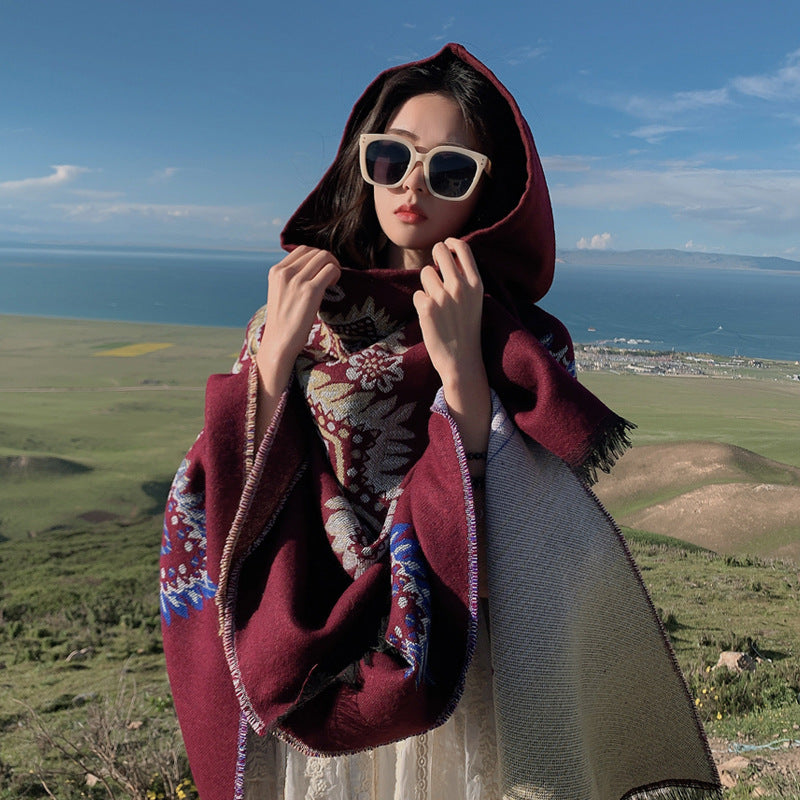 Autumn And Winter Hooded Shawl, National Style Dual-Purpose Warm Scarf