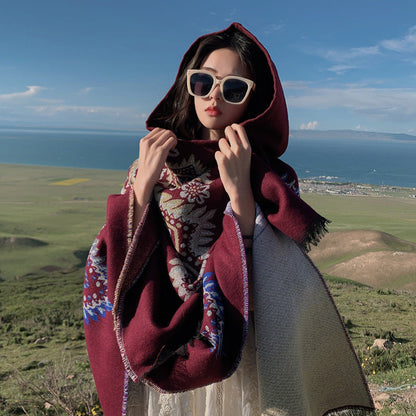 Autumn And Winter Hooded Shawl, National Style Dual-Purpose Warm Scarf