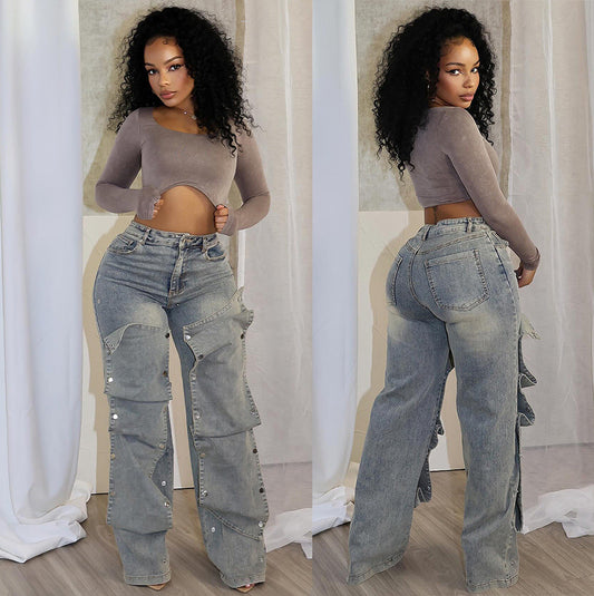 Trendy High-Waisted Straight Leg Jeans With Detachable Buttons