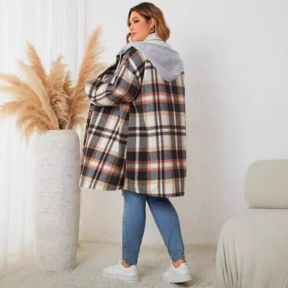 Plaid Hooded Long Coat For Plus Size Women