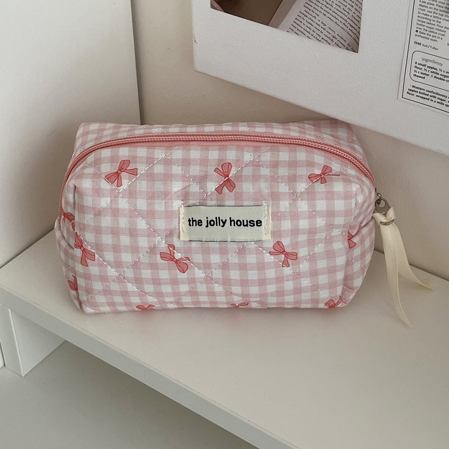 Large Capacity Plaid Bow Cosmetic Bag Retro Style