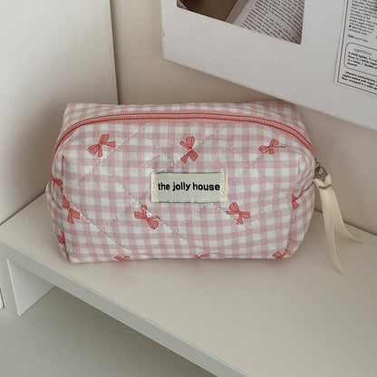 Large Capacity Plaid Bow Cosmetic Bag Retro Style