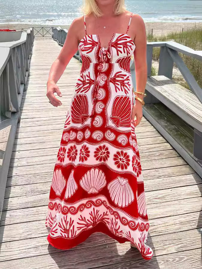 Elegant Floral Print Polyester Maxi Dress with V-Neck