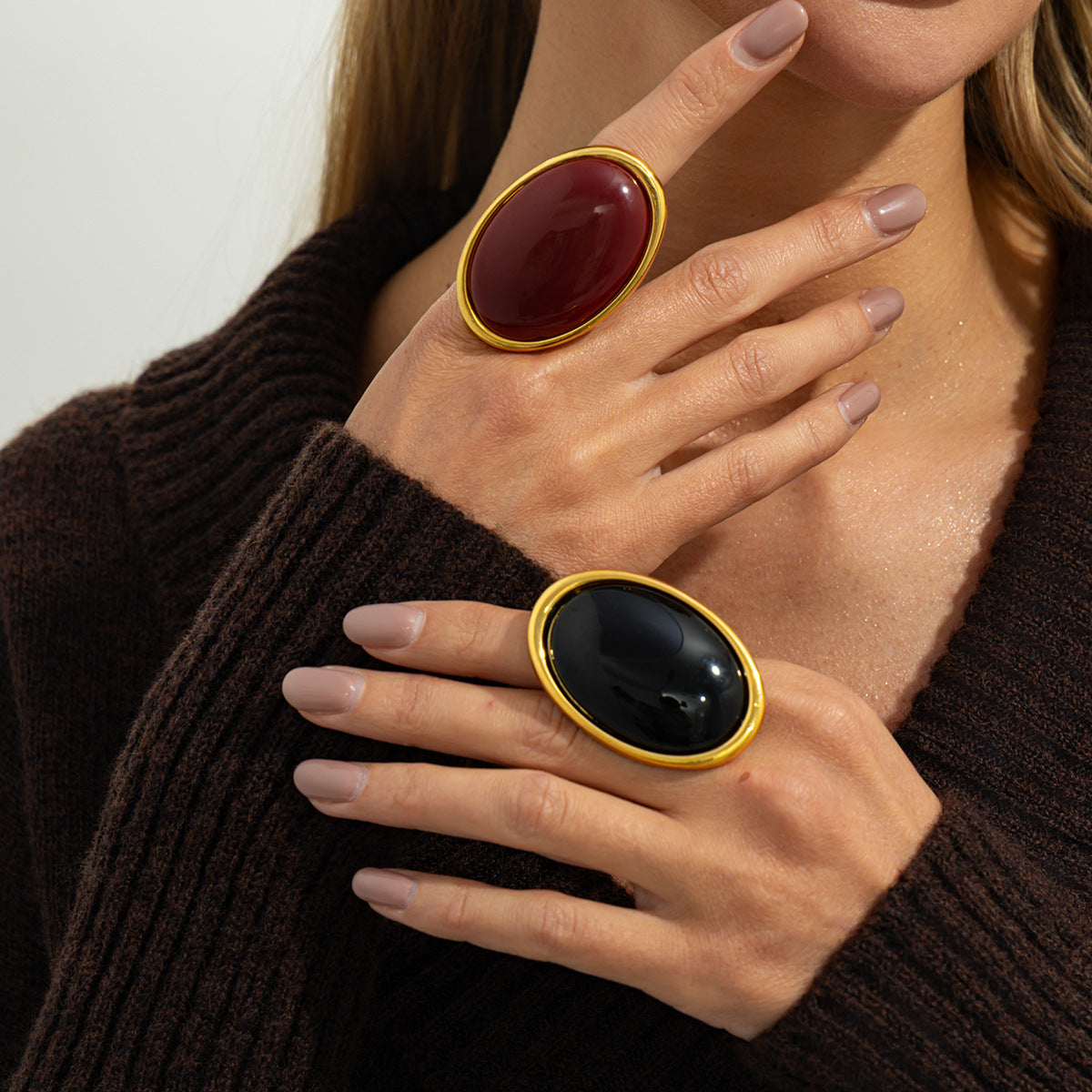 Retro Bold Red Gem Resin Ring Stylish Geometric Metal Wide Band Ring