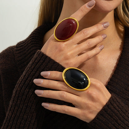 Retro Bold Red Gem Resin Ring Stylish Geometric Metal Wide Band Ring