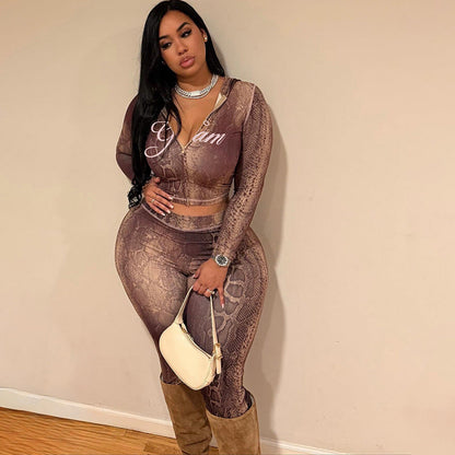 Trendy Print Cardigan & High Waist Leggings Set