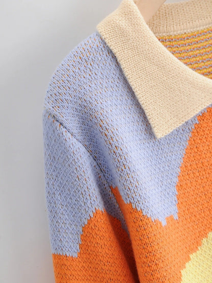 Short Knit Sweater Women Polo Collar Loose Coat Cardigan Top