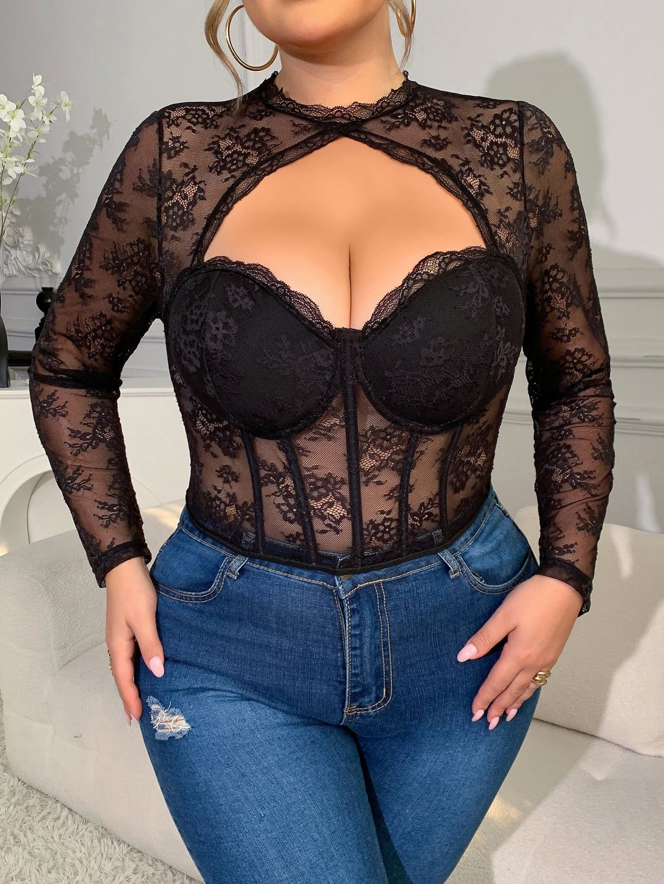 Sexy Lace Mesh Bodysuit With Boning For Curvy Women