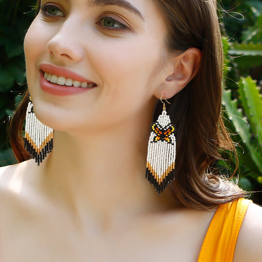 Bohemian Holiday Style Rice Bead Knitted Earrings With Tassels Handmade Diy Long Original Design Butterfly Earrings For Women