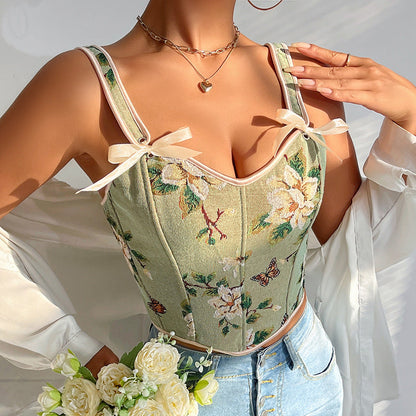 Retro Black Tank Top With Floral Design For Casual Wear