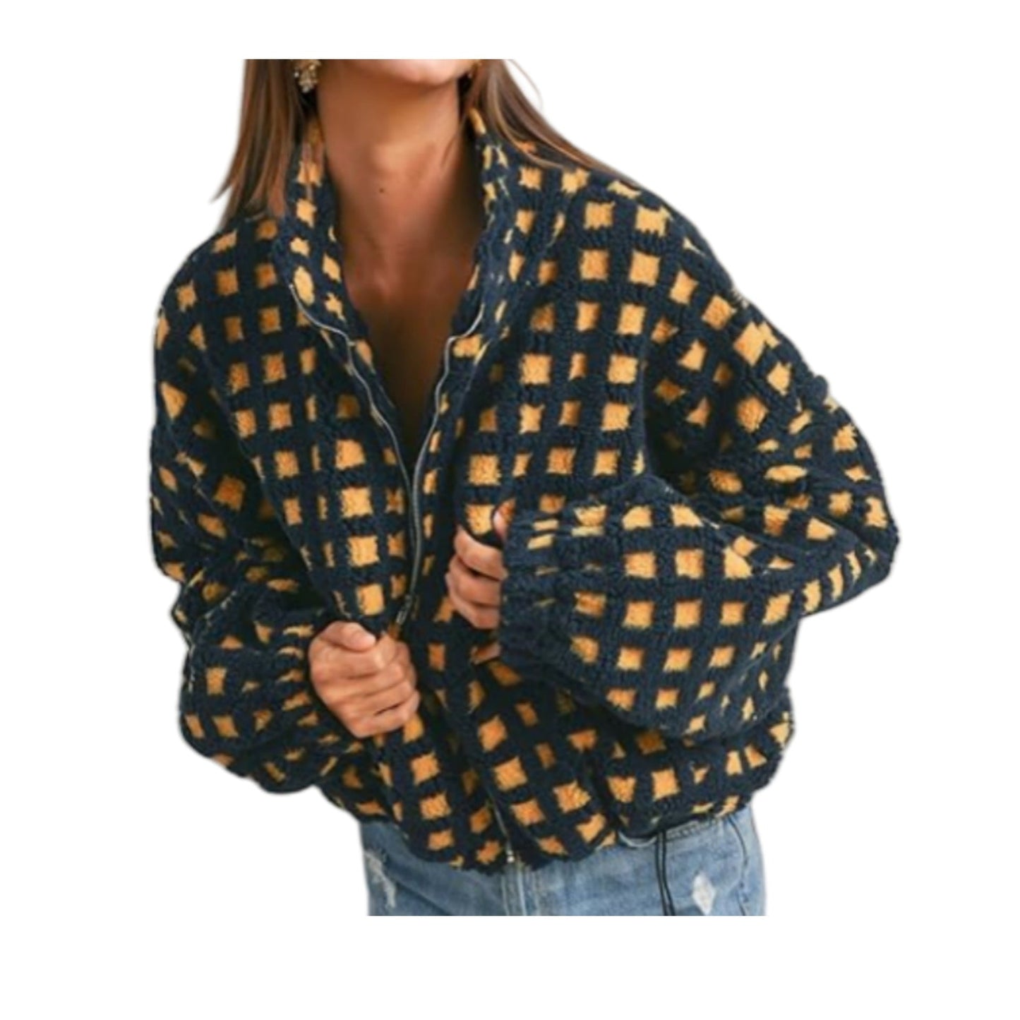 Color Block Plaid Stand Collar Shearling Jacket