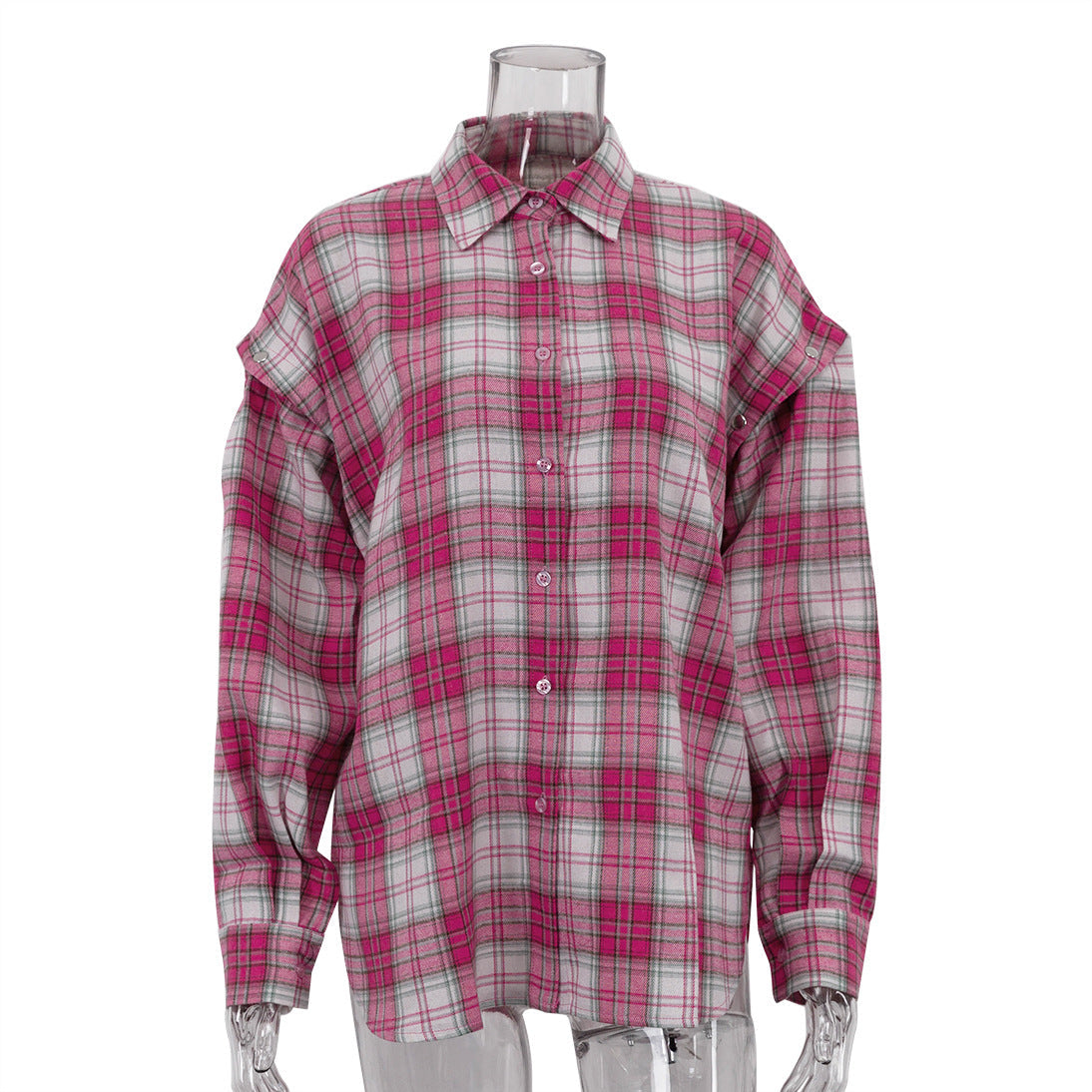 Pink Checkered Button-Up Shirt Casual Loose Fit Top