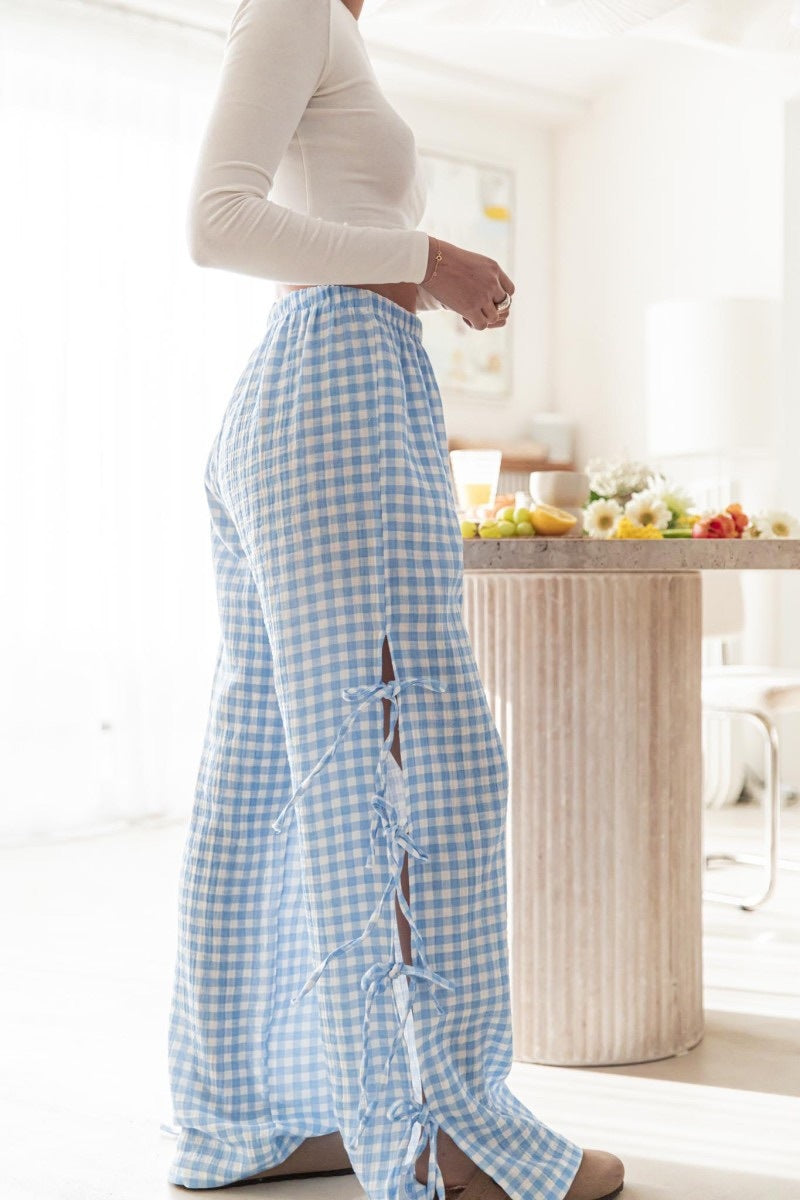 Bow Side Split Plaid Casual Pants