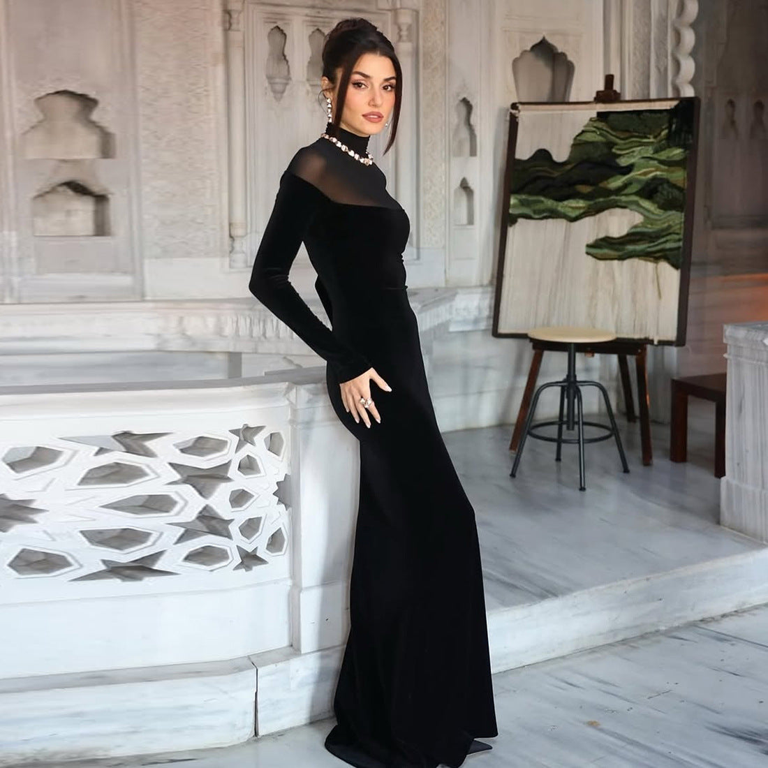 Elegant High Neck Long Sleeve Dress For Women - Solid Color Fit And Flare