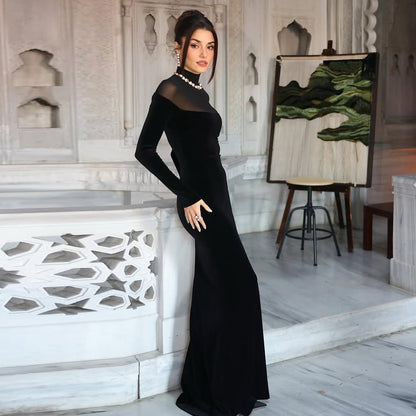 Elegant High Neck Long Sleeve Dress For Women - Solid Color Fit And Flare