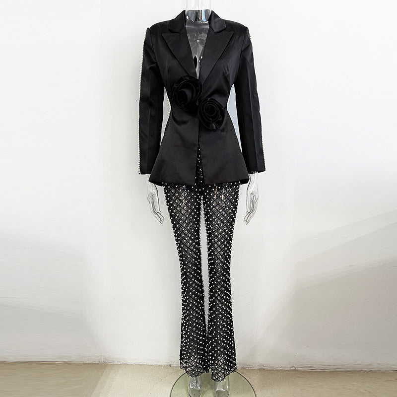 Hollowed Pearl Embellished Floral Blazer And Pants Set