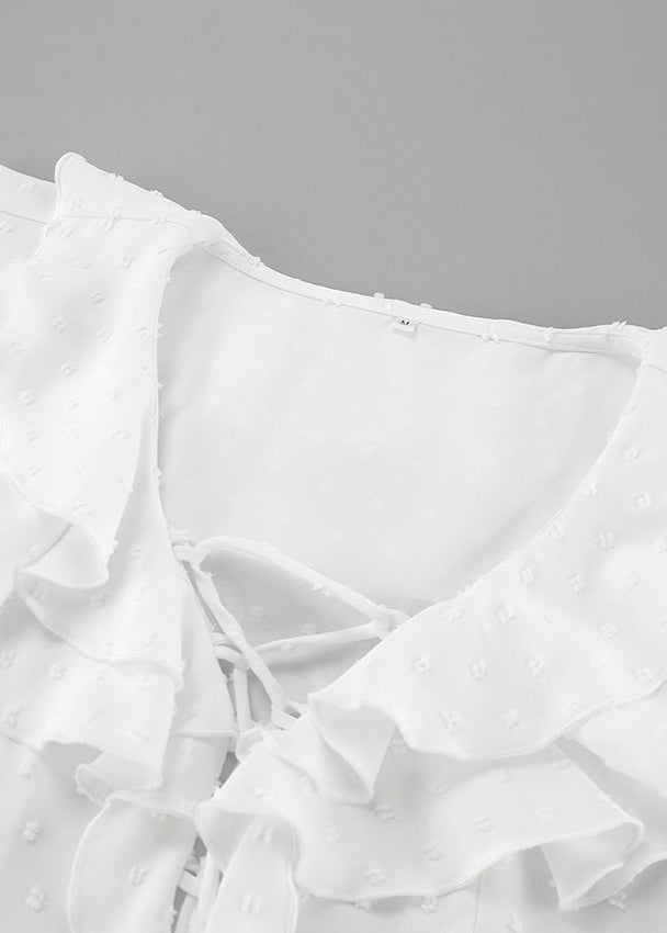 Ruffled Lace Up Blouse In White Cotton