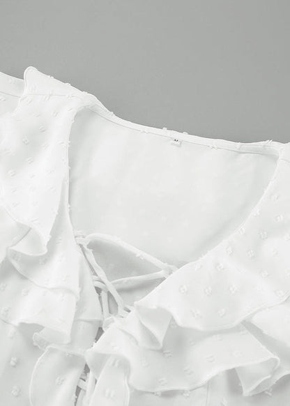 Ruffled Lace Up Blouse In White Cotton