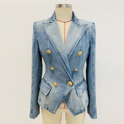 Double-Breasted Lion Button Denim Blazer Style