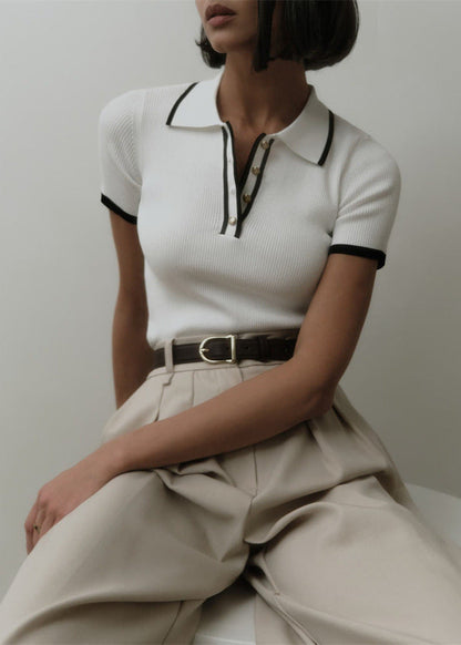 Ribbed Knit Polo Top with Contrast Trim