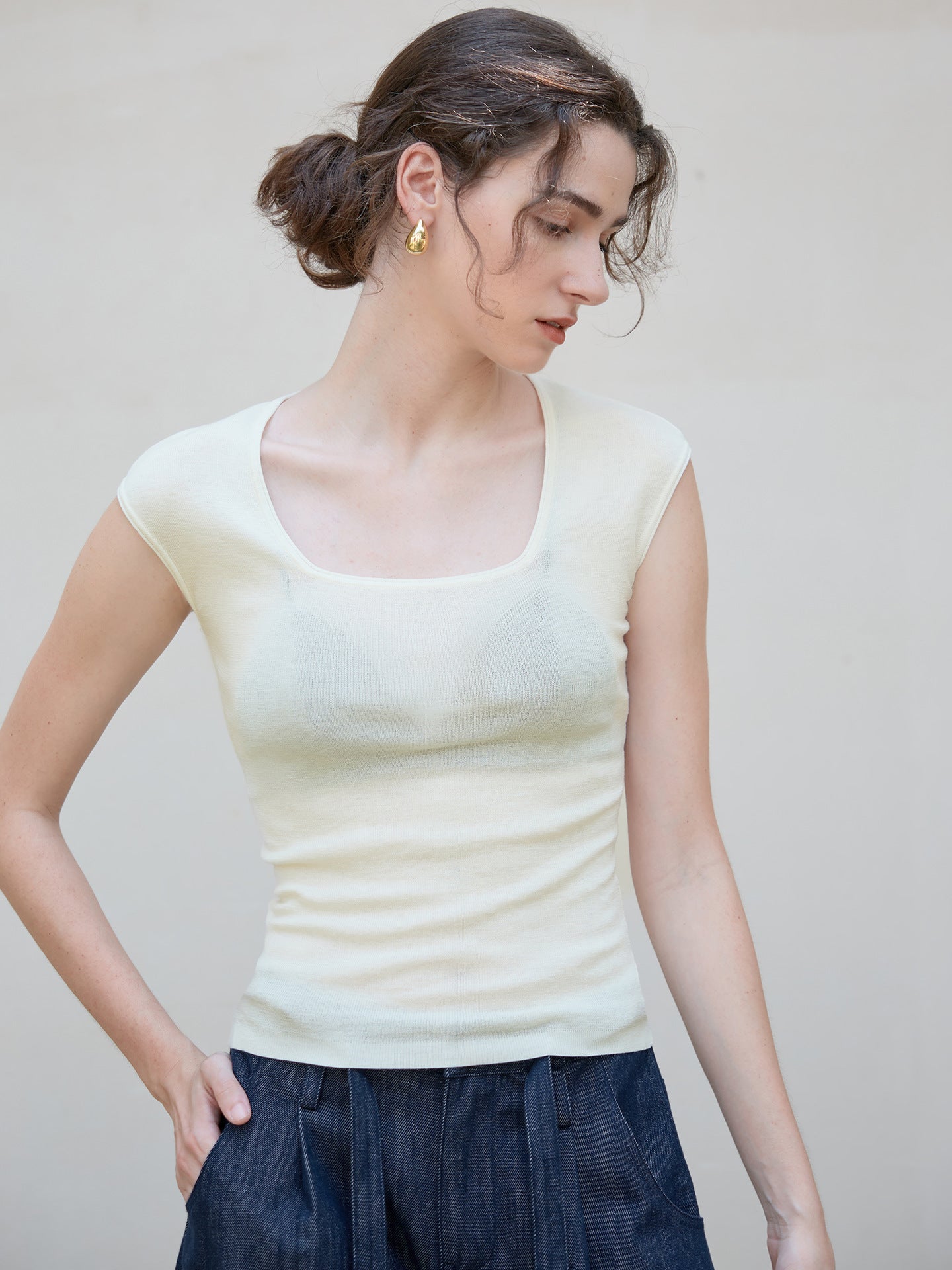 Feminine Square Neck Wool Blend Short Sleeve Top