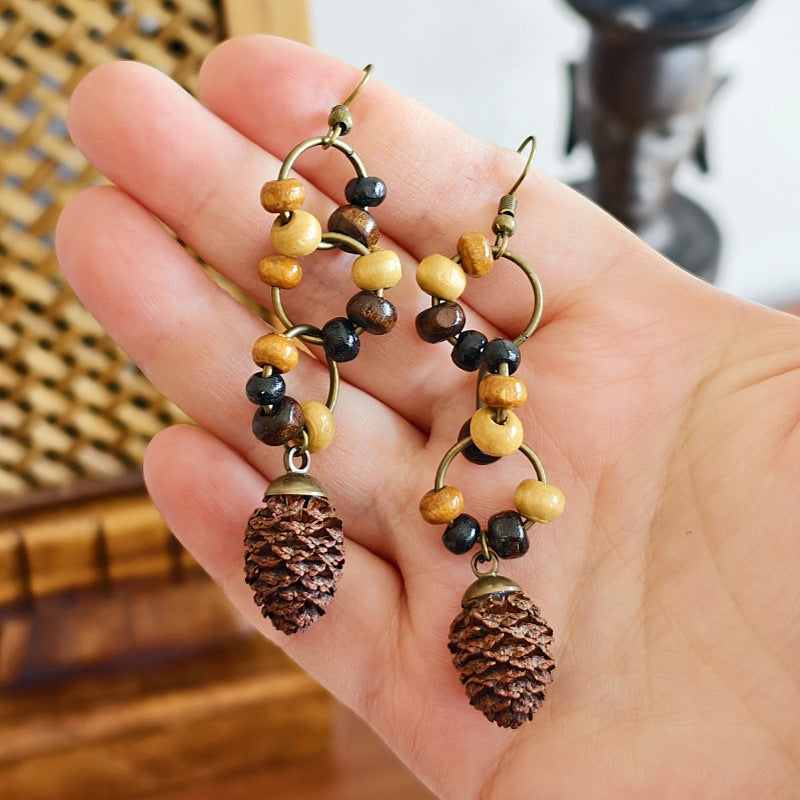 Botanical Pattern Wooden Bead Dangle Earrings