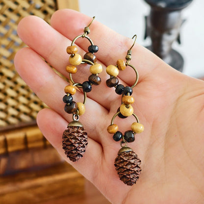 Botanical Pattern Wooden Bead Dangle Earrings