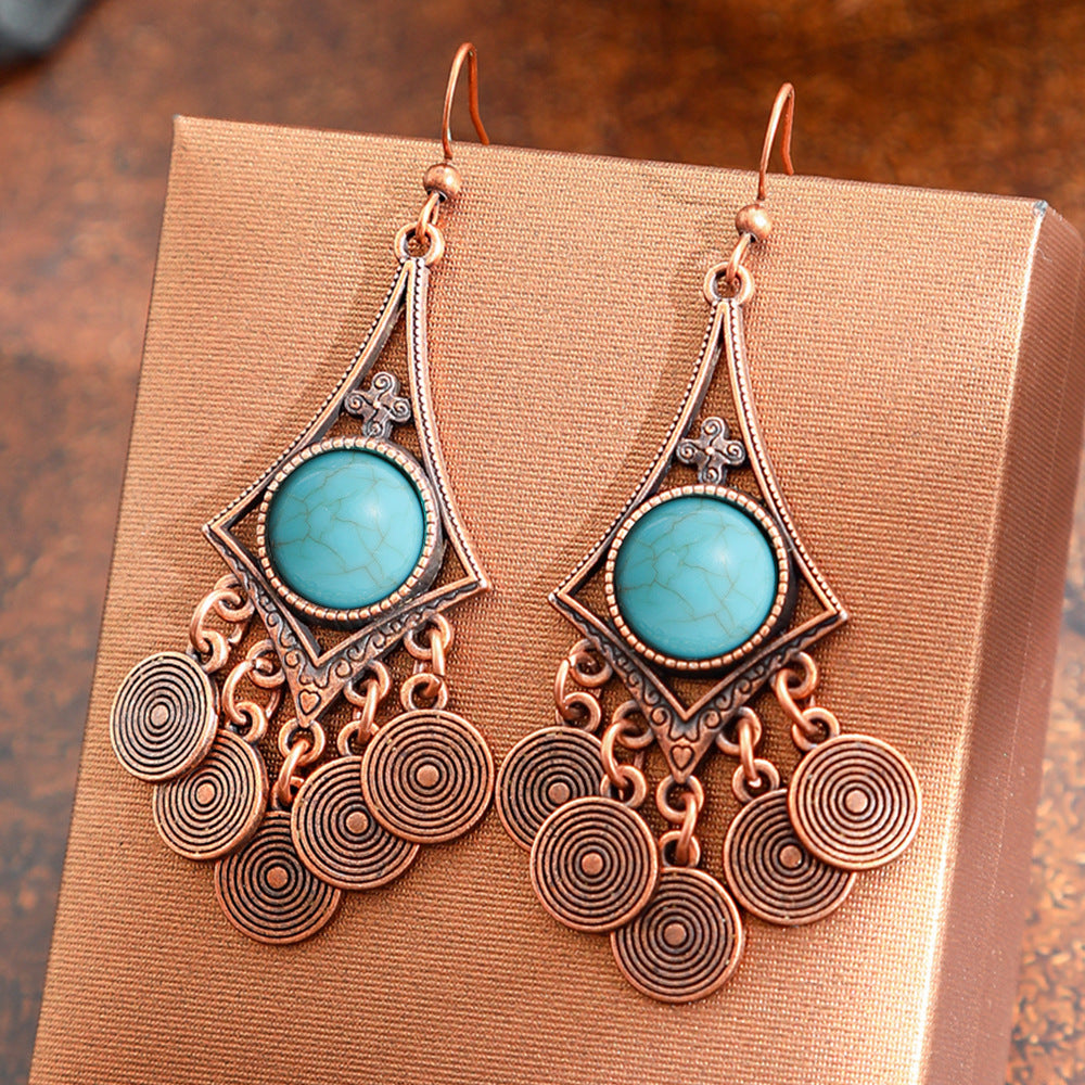 Bohemian Vintage Geometric Copper Tassel Earrings