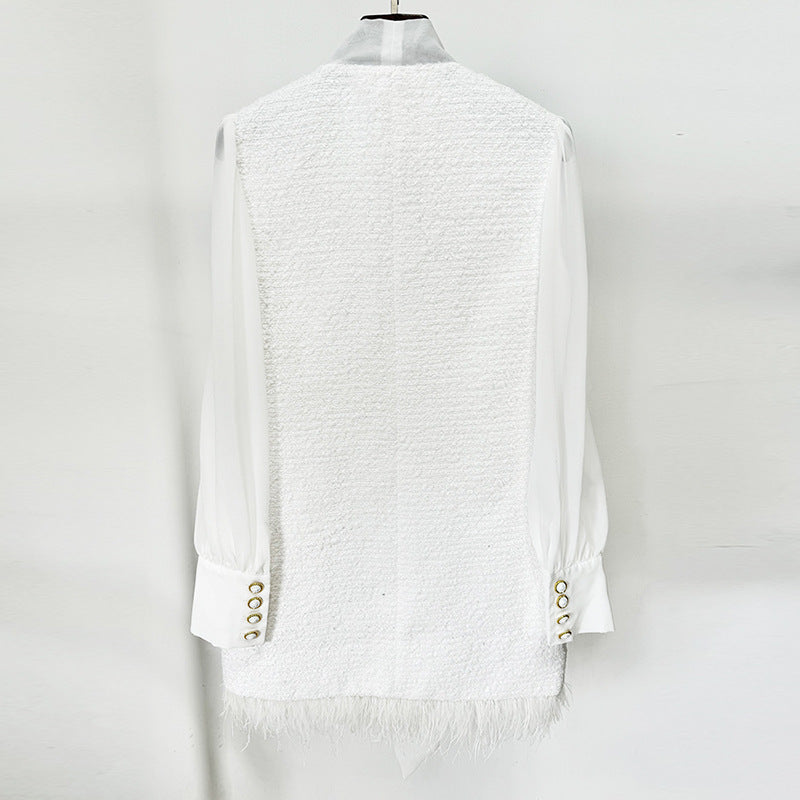 Feather Hem Chiffon Dress With Tweed Details