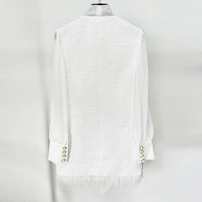 Feather Hem Chiffon Dress With Tweed Details