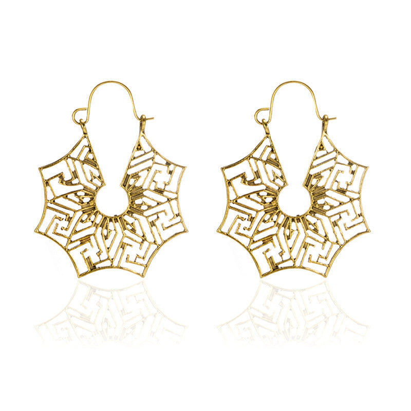 Vintage Geometric Metal Hoop Earrings With Floral Patterns