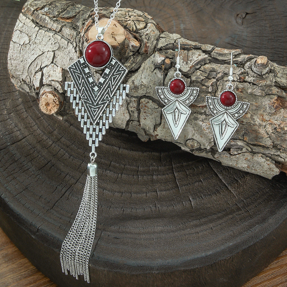 Retro Ethnic Long Pendant Necklace and Earring Set with Turquoise Accents