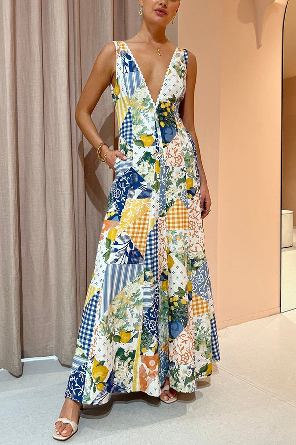 Summer Sleeveless Large V-Neck Large Swing Printed Casual Dress