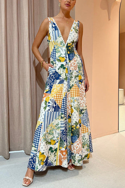 Summer Sleeveless Large V-Neck Large Swing Printed Casual Dress