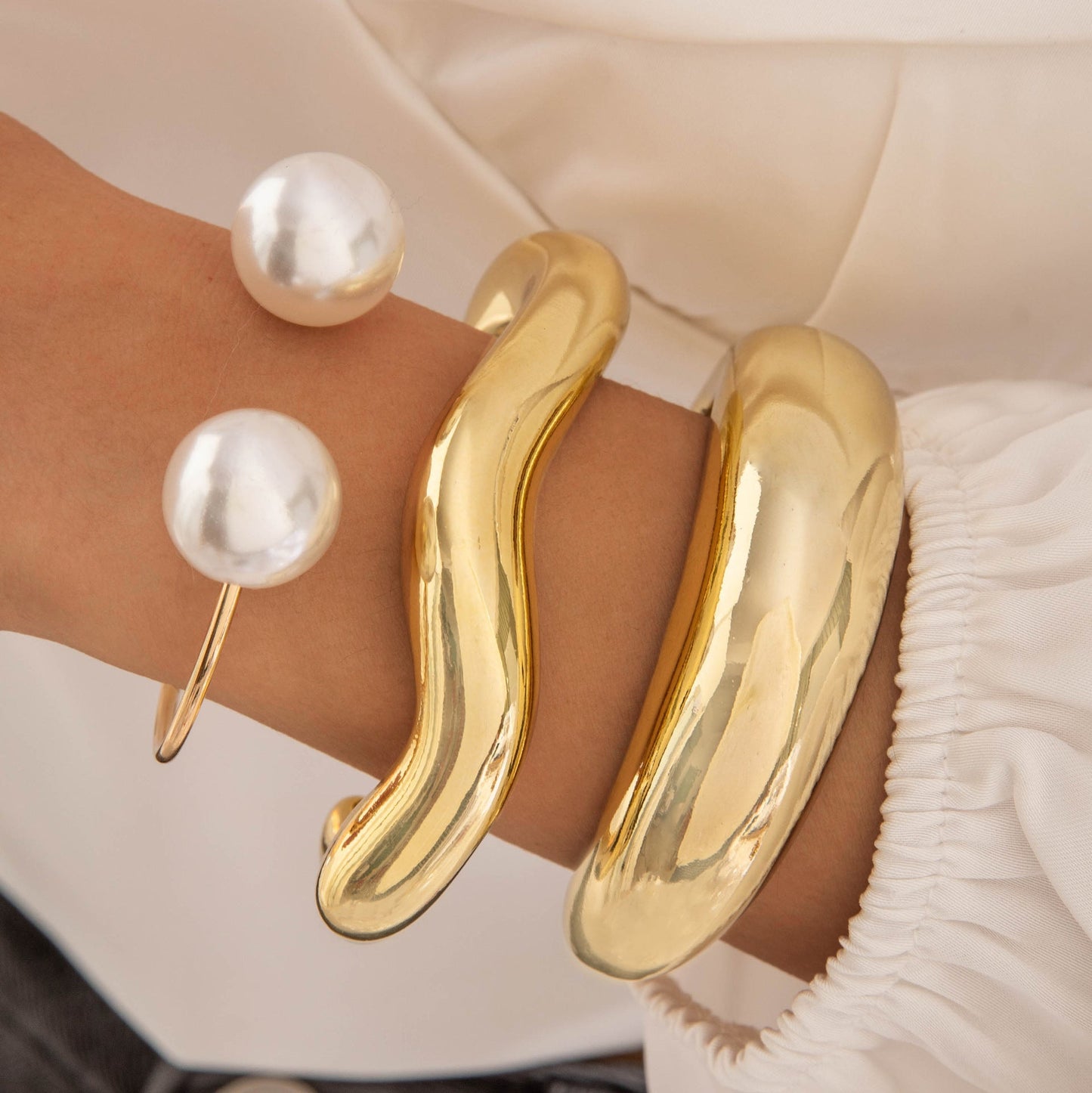 Layered Geometric Statement Cuff Bracelet Set
