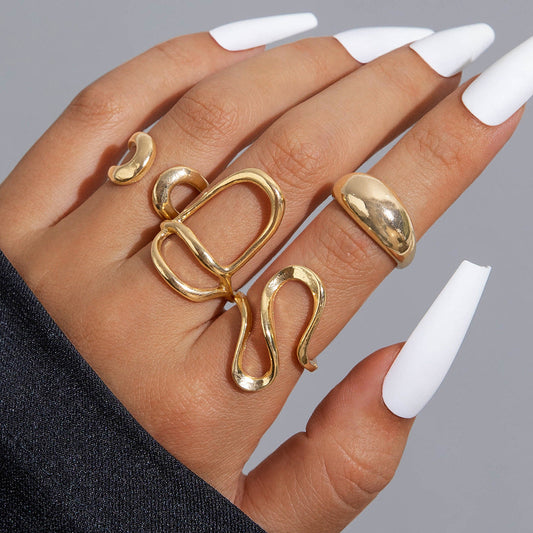 Elegant Irregular Geo Cutout Arc Ring Set - 4 Pieces